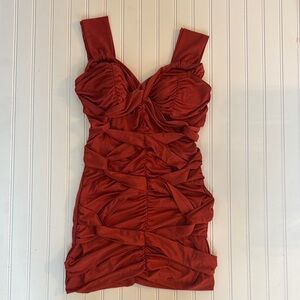 Burnt Orange Ruched Sweetheart Mini Dress